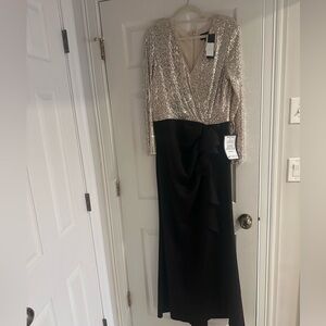 Xscape Sequin Bodice Long Sleeve Gown in Champagne and Black